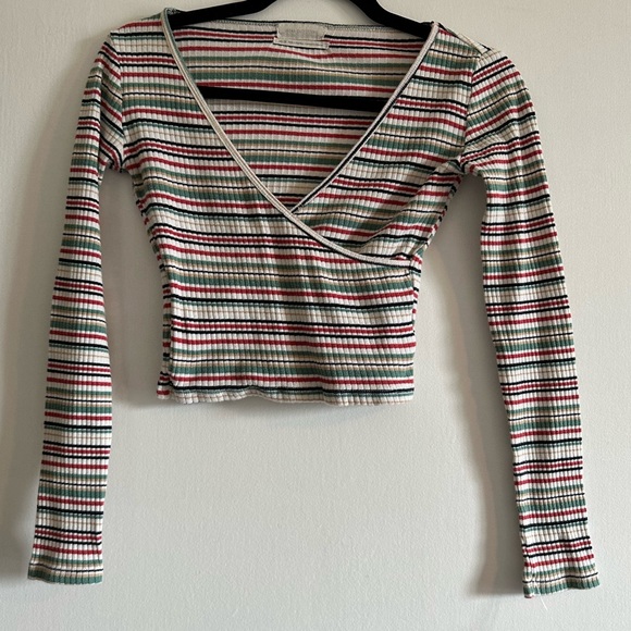 Urban Outfitters Multicolor Striped Long Sleeve Faux Wrap Crop Top Size XS EUC - Picture 1 of 7